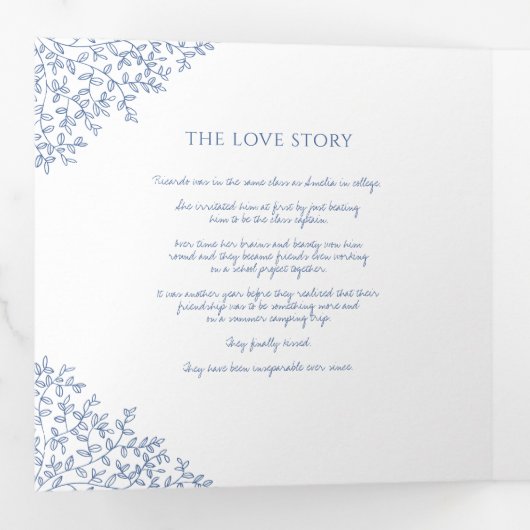 Blauw monogram verhaal toewijding foto bruiloft drieluik programma (Binnenzijde eerst)