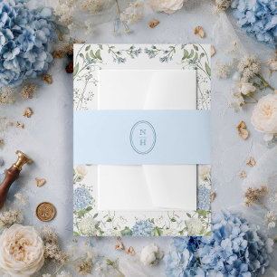 Blauw Monogram Wapen Huwelijksuitnodiging Buik Uitnodigingen Wikkel
