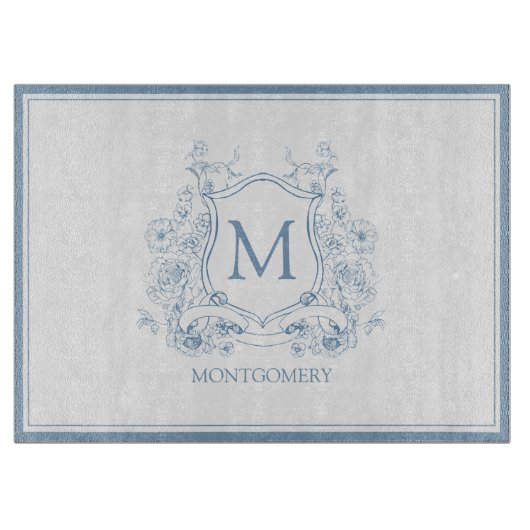 Blauw Monogram Wapenschild Vintage Snijplank (Voorkant)