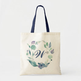 Blauw monogram waterverf bloemenkrans tote bag