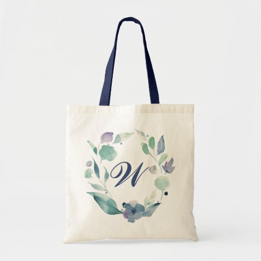 Blauw monogram waterverf bloemenkrans tote bag (Voorkant)