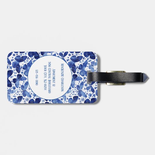 Blauw monogram Waterverf vlinder Bagagelabel (Achterkant horizontaal)