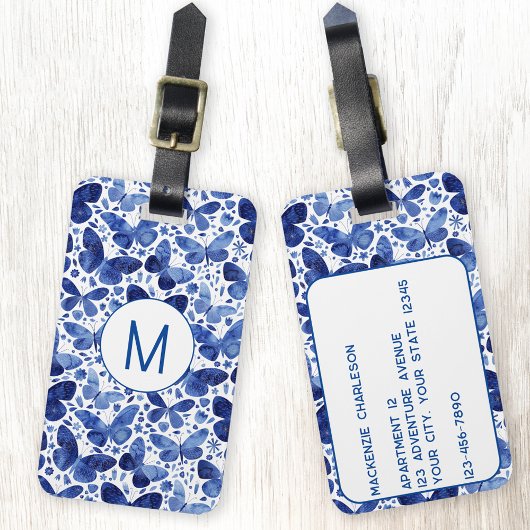 Blauw monogram Waterverf vlinder Bagagelabel