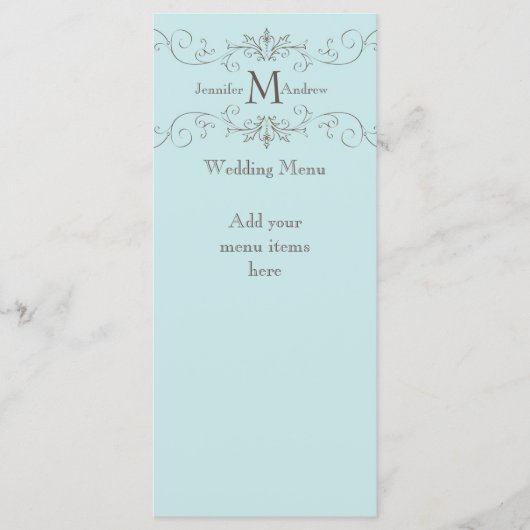 Blauw Monogram Wervelingen Wedding Menu Kaarten (Voorkant)