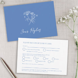 Blauw monogram wildflower maaltijd optie bruiloft RSVP kaartje