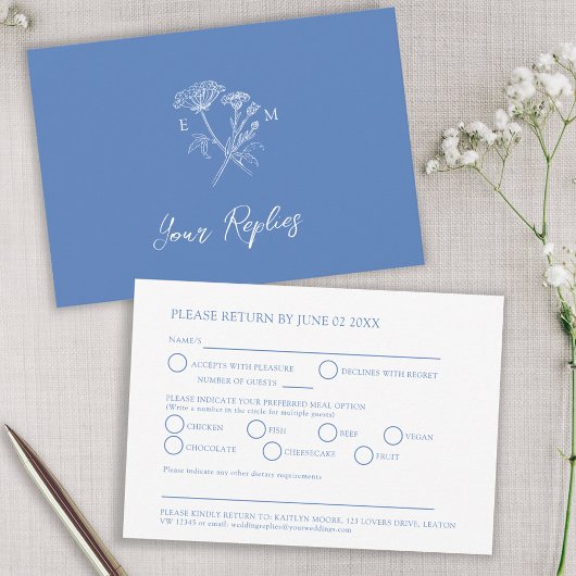 Blauw monogram wildflower maaltijd optie bruiloft RSVP kaartje