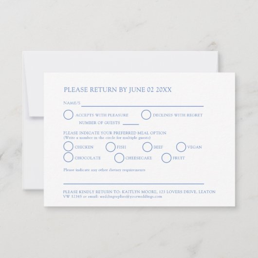 Blauw monogram wildflower maaltijd optie bruiloft RSVP kaartje (Achterkant)