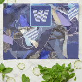 Blauw monogram wit grijs abstract nautische strepe theedoek (Gevouwen)