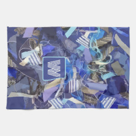 Blauw monogram wit grijs abstract nautische strepe theedoek