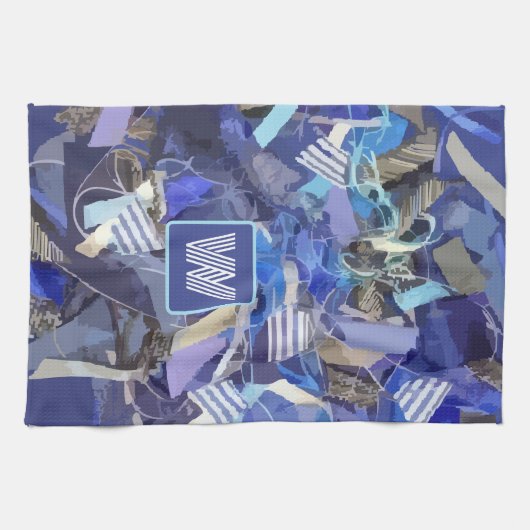 Blauw monogram wit grijs abstract nautische strepe theedoek (Horizontaal)
