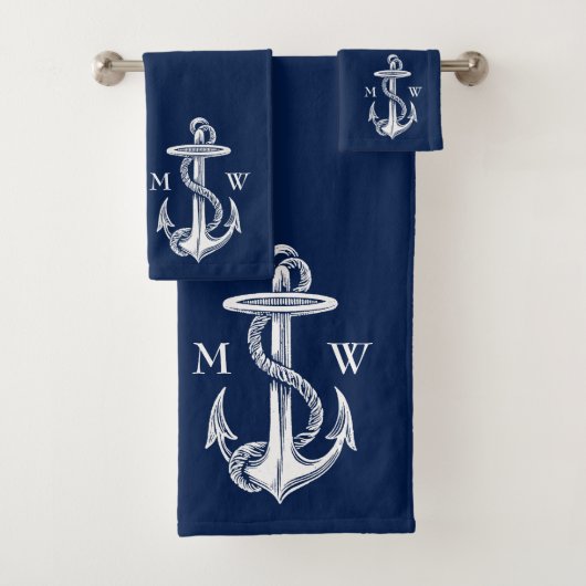  blauw monogram witte anchor Rope Navy Bad Handdoek (Insitu)