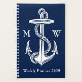 blauw monogram witte anchor Rope Navy Planner (Voorkant)