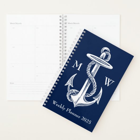 blauw monogram witte anchor Rope Navy Planner (Display)