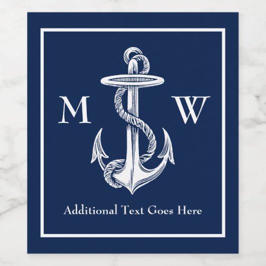 blauw monogram witte anchor Rope Navy Wijn Etiket (Enkel label)