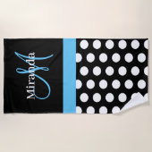Blauw Monogram Zwart Wit Polka Dot Strandlaken (Voorkant)