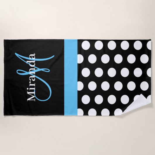 Blauw Monogram Zwart Wit Polka Dot Strandlaken (Voorkant)