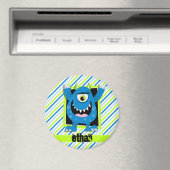 Blauw monster; Neon groen, witte strepen Magneet (Insitu (Vaatwasser))