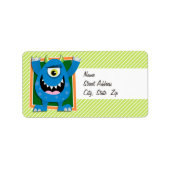 Blauw Monster op Lime Groene & Witte Strepen Etiket (Voorkant)