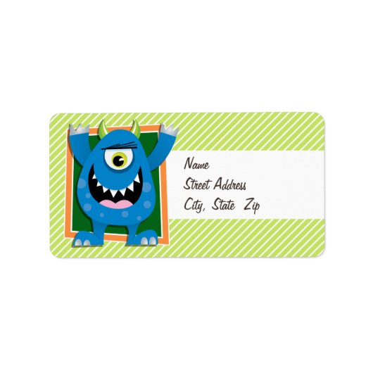Blauw Monster op Lime Groene & Witte Strepen Etiket (Voorkant)
