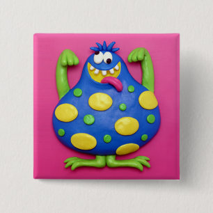 Blauw Monster Vierkante Button 5,1 Cm