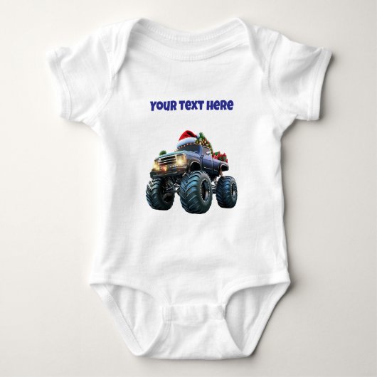 Blauw monstertruck bewerkbare baby romper (Voorkant)