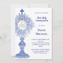 blauw monstrance ontwerp | Eerste Heilige Communie Kaart