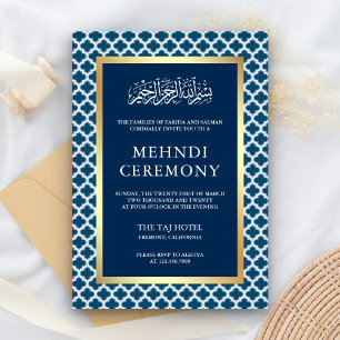 Blauw Moors Quatrefoil Islamitisch Mehndi-ceremoni Informatiekaartje