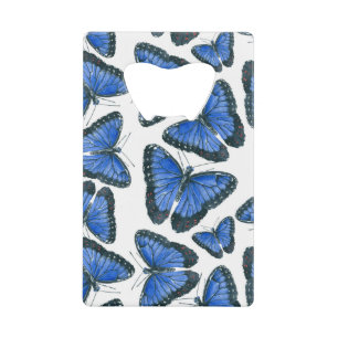 Blauw morfovlinderpatroonontwerp creditkaart flessenopener