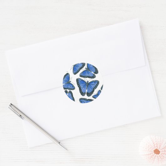 Blauw morfovlinderpatroonontwerp ronde sticker (Envelop)