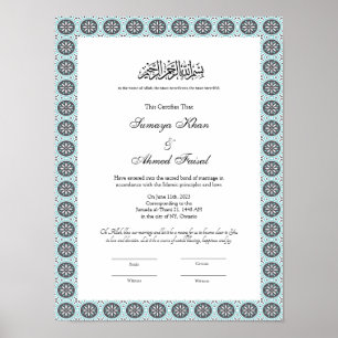 blauw moslim nikkah certificaat poster