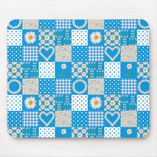 Blauw Mousepad: Daisychains, Faux Patchwork Muismat (Voorkant)