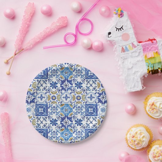 Blauw Mozaïek Tegels Verjaardag Bruids Baby shower Papieren Bordje (Feest)