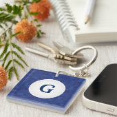 Blauw mozaïekpixelpatroon gepersonaliseerd monogra sleutelhanger (Voorkant Rechts)