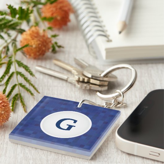 Blauw mozaïekpixelpatroon gepersonaliseerd monogra sleutelhanger (Voorkant Rechts)