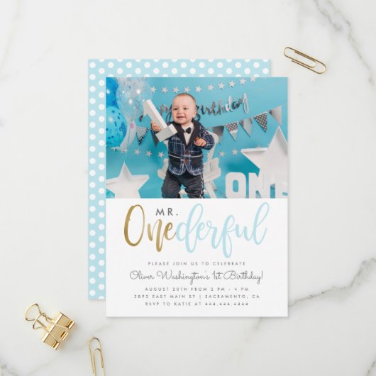 Blauw Mr. Onederful Script Foto 1e Verjaardag Uitnodiging Briefkaart (Voorkant / Achterkant in situ)