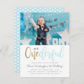 Blauw Mr. Onederful Script Foto 1e Verjaardag Uitnodiging Briefkaart (Voorkant / Achterkant)