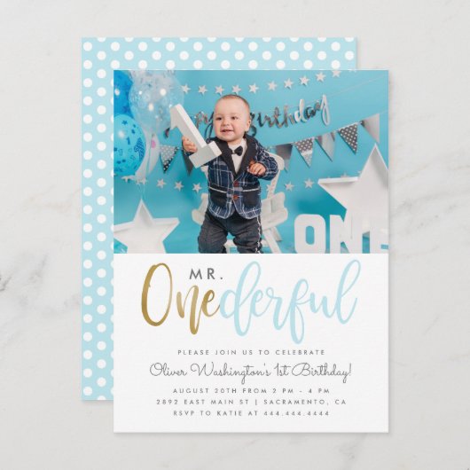 Blauw Mr. Onederful Script Foto 1e Verjaardag Uitnodiging Briefkaart (Voorkant / Achterkant)