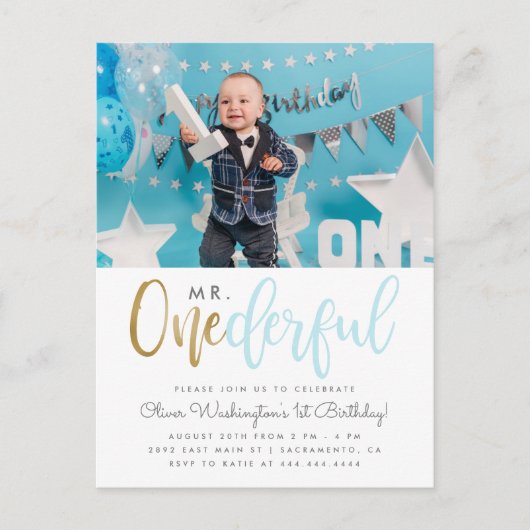 Blauw Mr. Onederful Script Foto 1e Verjaardag Uitnodiging Briefkaart (Voorkant)
