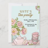 Blauw Munt Bloem Theepartij Uitnodiging (Voorkant)