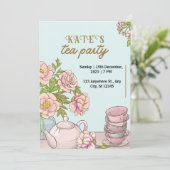 Blauw Munt Bloem Theepartij Uitnodiging (Staand voorkant)