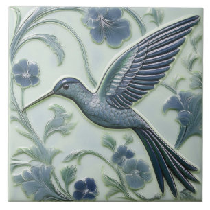 Blauw & munt faux relief Art Nouveau Hummingbird L Tegeltje