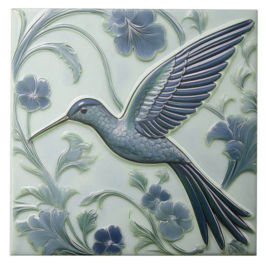 Blauw & munt faux relief Art Nouveau Hummingbird L Tegeltje (Voorkant)
