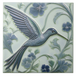 Blauw & munt faux relief Art Nouveau Hummingbird R Tegeltje
