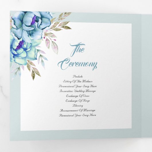 Blauw, munt groen waterverf bloemen bruiloft foto drieluik programma (Binnenzijde eerst)