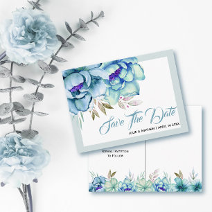 Blauw, munt groen waterverf bloemen Save the Date Briefkaart