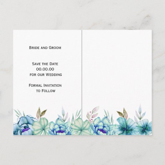 Blauw, munt groen waterverf bloemen Save the Date Briefkaart (Achterkant)