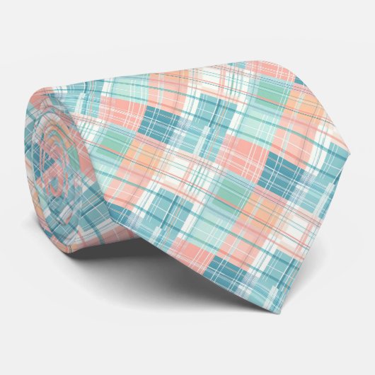 Blauw, Munt, Perzik & Wit Madras Plaid Stropdas (Opgerold)
