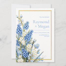 Blauw Muscari Witte Bloesem Gouden Frame Trouwfees Kaart