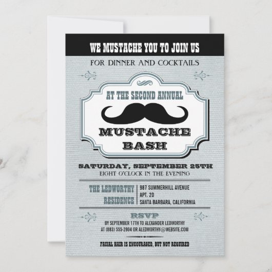 blauw Mustache Bash Kaart (Voorkant)