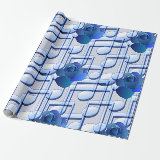 Blauw Muzieknoten blauw Roos ompakken papier (Uitgerold)